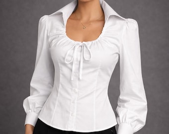 White Cotton Blouse Women, Fitted Button Up Shirt, Puff Sleeve Blouse, Romantic White Top, Elegant Office Blouse, Feminine Shirt