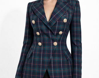 Women's Scottish tartan Fitted Double Breasted Blazer with Lion Buttons, Plaid Jacket with gold buttons