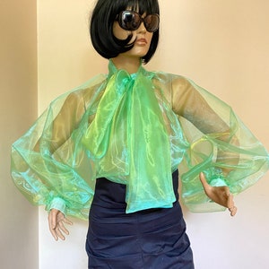 May include: A sheer green blouse with a large bow at the neck and long, puffed sleeves. The blouse is made of a lightweight, translucent fabric.