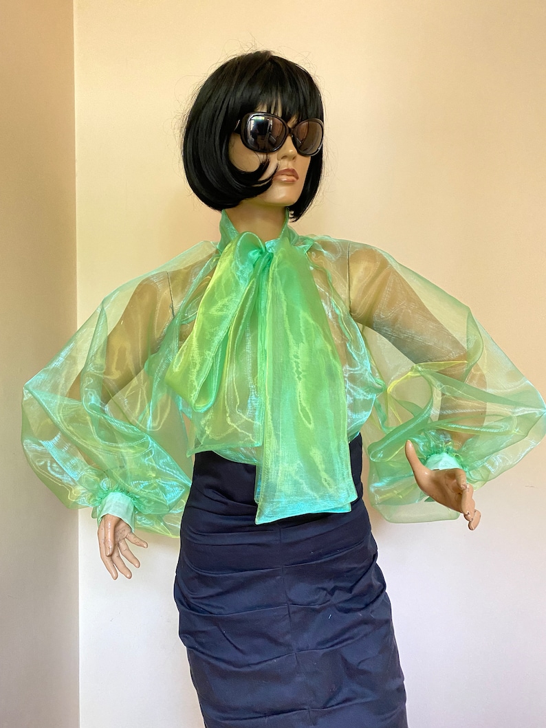 May include: A sheer green blouse with a large bow at the neck and long, puffed sleeves. The blouse is made of a lightweight, translucent fabric.