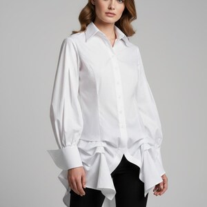 Black Steampunk Victorian Blouse, Gothic High-Low Asymmetric Shirt, Avant-Garde Dark Academia Top image 5