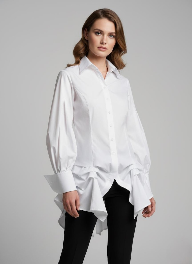 Black Steampunk Victorian Blouse, Gothic High-Low Asymmetric Shirt, Avant-Garde Dark Academia Top image 5