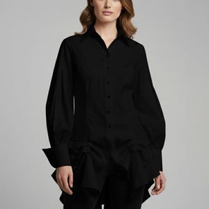 Black Steampunk Victorian Blouse, Gothic High-Low Asymmetric Shirt, Avant-Garde Dark Academia Top image 2