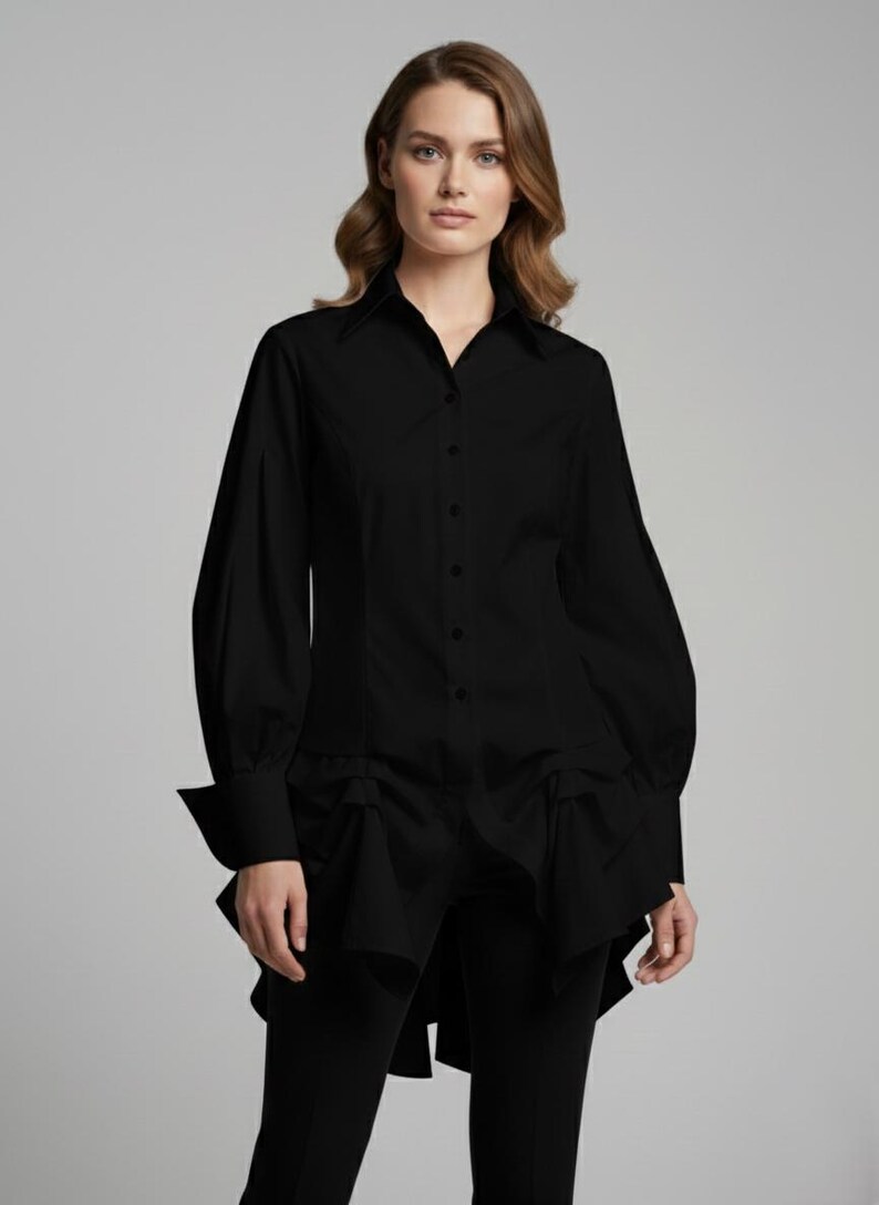 Black Steampunk Victorian Blouse, Gothic High-Low Asymmetric Shirt, Avant-Garde Dark Academia Top image 2