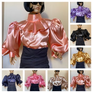 Satin Formal Blouse Shirt with High Victorian Collar and Puffy sleeves