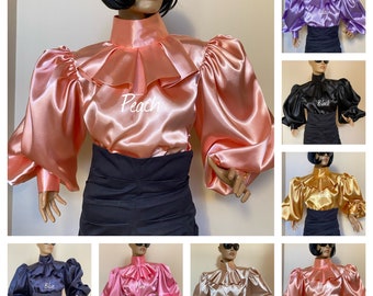 Satin Formal Blouse Shirt with High Victorian Collar and Puffy sleeves