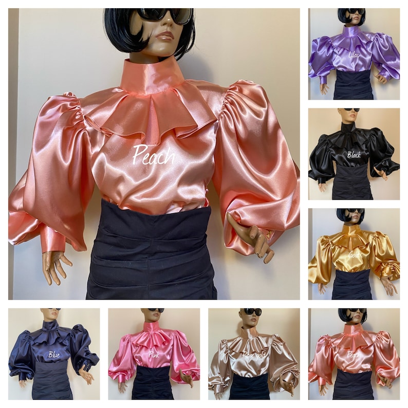 May include: A collage of ten images showing a satin blouse with a ruffled collar in ten different colors: peach, lilac, black, gold, blue, pink, beige, and light pink. The blouse has long sleeves with puffed shoulders. The text "Peach" is visible on the peach blouse.