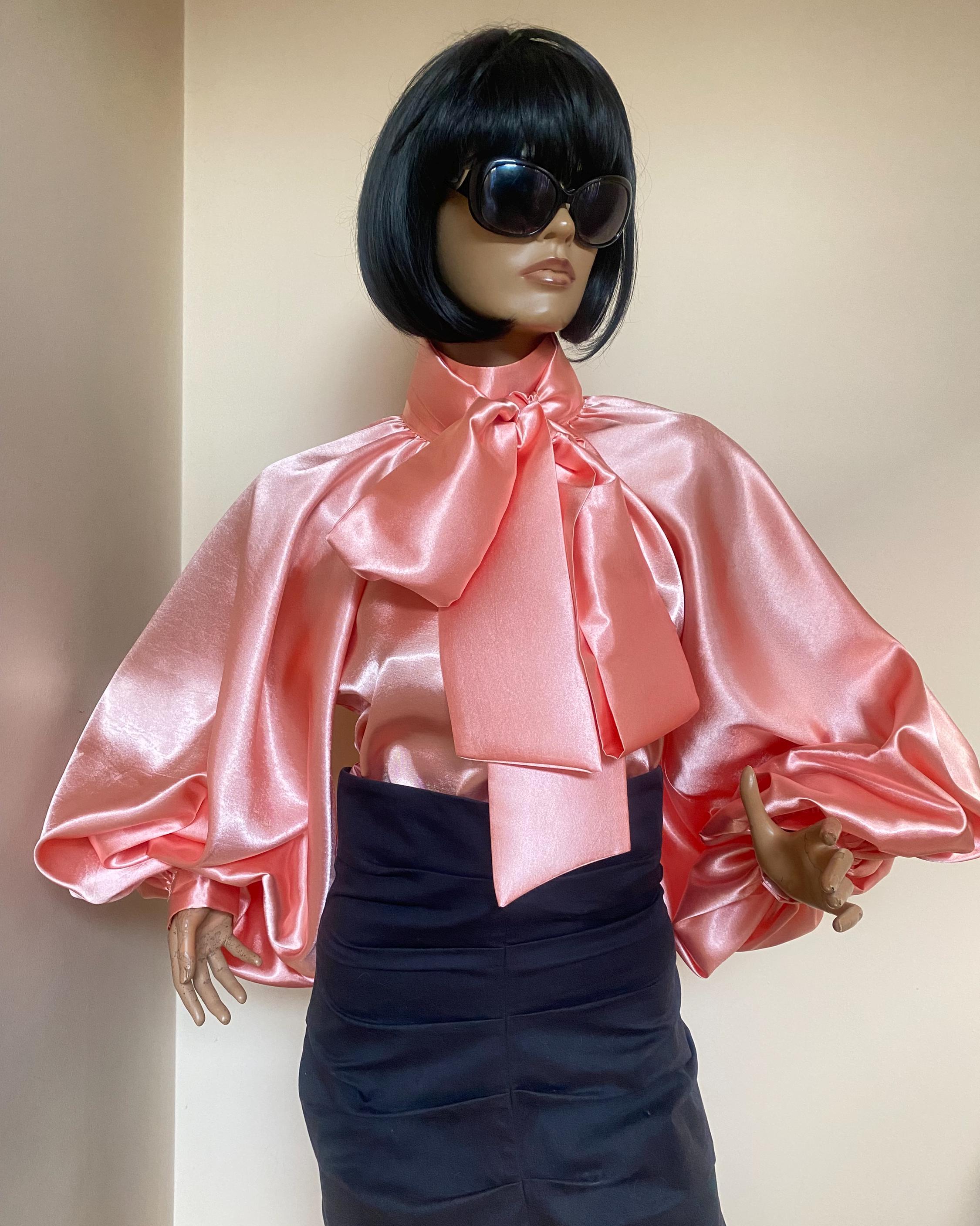 Peach Satin Blouse, High Neck Top, Puffy Sleeve Shirt, Elegant