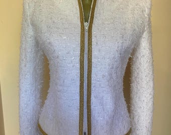 White Tweed jacket with gold  trim, White short jacket, Size Small
