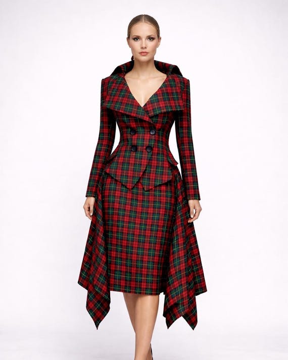 Green Tartan Suit Women, Plaid Skirt Set, Elegant Two Piece Suit, Fitted Blazer Set, Vintage Inspired Suit, Formal Women Outfit