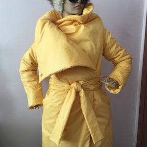 Womens yellow square down coat, Womens winter jacket, Puffer atmosphere down overcoat yellow, Quilted down coat image 2