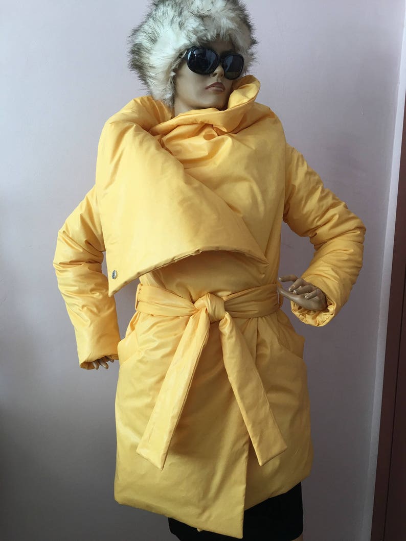 Womens yellow square down coat, Womens winter jacket, Puffer atmosphere down overcoat yellow, Quilted down coat image 2