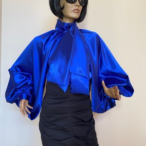 Formal Womens Satin Bow Blouse Blue Cocktail Satin Blouse - Etsy
