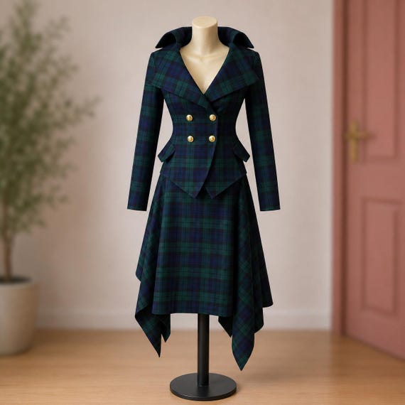 Black Watch Tartan Suit, Plaid Skirt Suit, Women's Two Piece Suit, Tailored Blazer, Asymmetrical  Skirt, Scottish Outfit in Westwood style