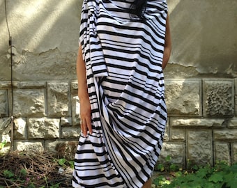 Black and White summer Striped Dress tunic/Casual Top Asymmetrical Transformer