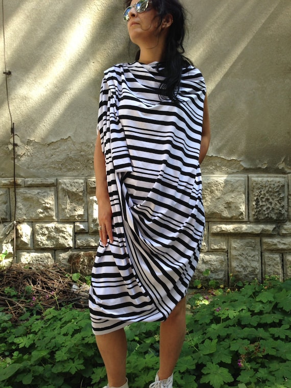Black and White summer Striped Dress tunic/Casual Top Asymmetrical Transformer