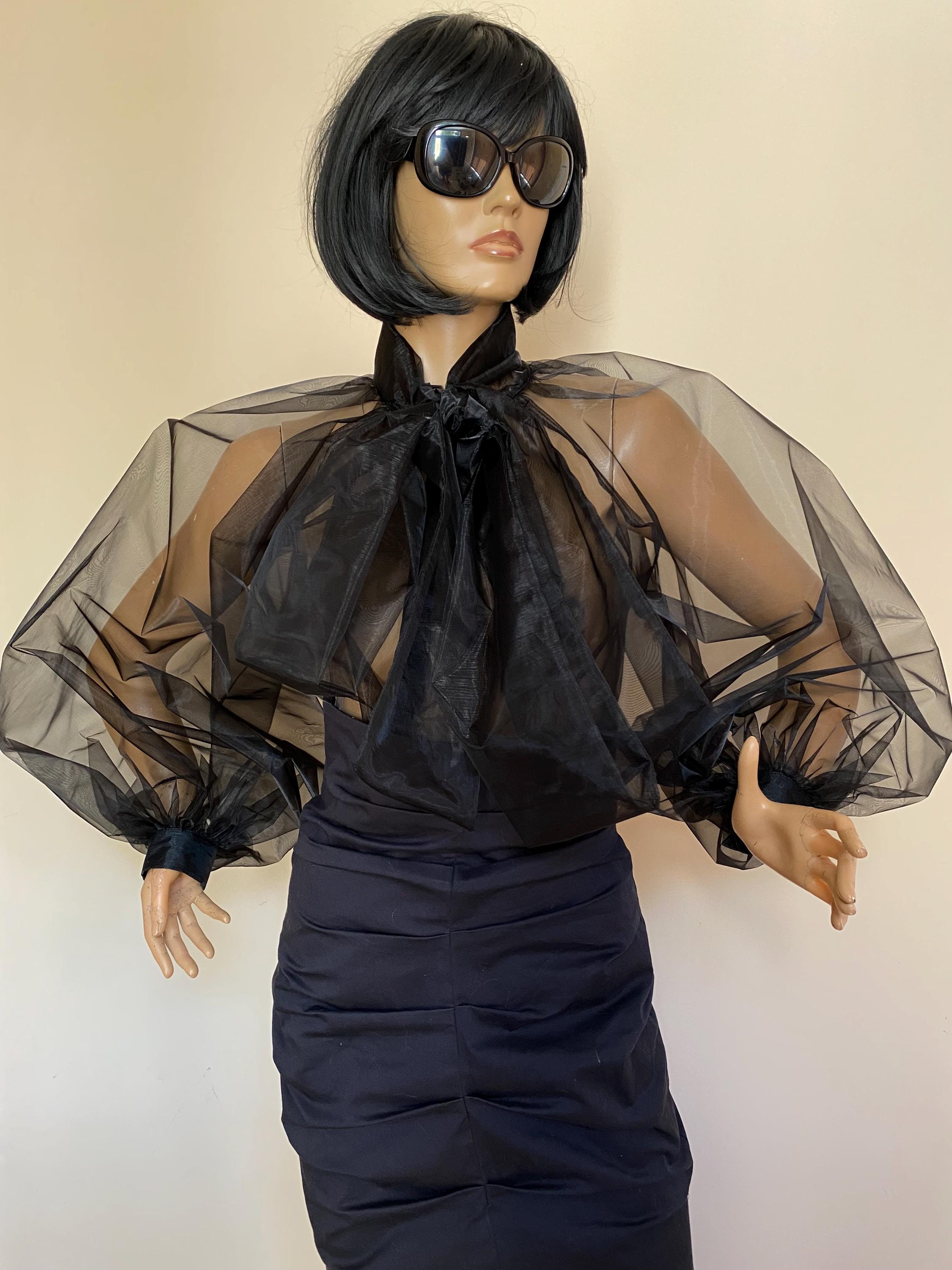 Vintage Inspired Sheer Transparent Black Organza Blouse With 