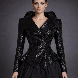 Black Sequin Jacket Women, Gothic Victorian Tailcoat, Sequin Blazer Women, Steampunk Jacket Women, Elegant Evening Coat