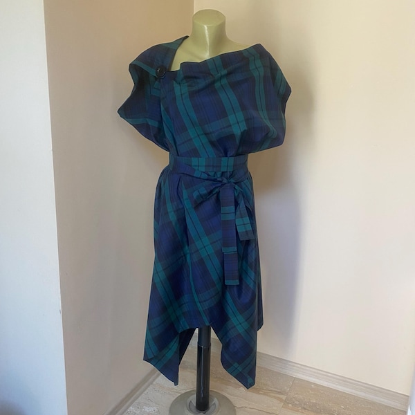 Black Watch Tartan Plaid Dress, Asymmetrical Summer Dress