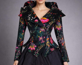 Floral Velvet Jacket Women, Gothic Victorian Tailcoat, Cotton Velvet Blazer, Steampunk Jacket Women, Elegant Tailored Coat