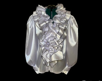 White satin ruffled blouse, Puffy sleeves blouse