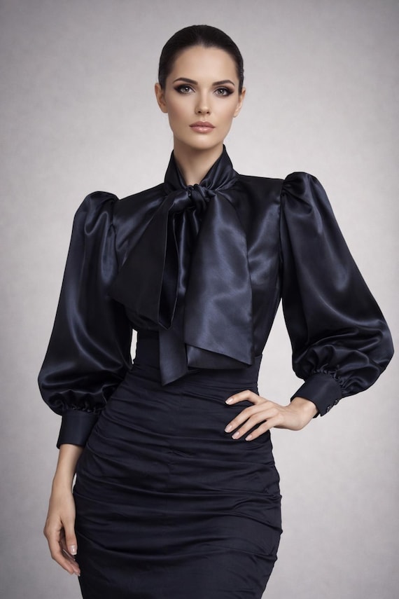 black dress blouse All About Floral Tie-Front | Trendy Women's Top Womens Dress Shirts Long Sleeve Button Down Shirts Wrinkle Helen Retro Blouse in Black