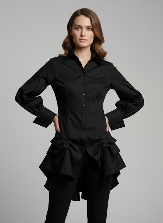 Black Steampunk Victorian Blouse, Gothic High-Low Asymmetric Shirt, Avant-Garde Dark Academia Top