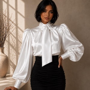Elegant blus med knytning i satin, skjorta med hög krage, topp med ballongärm, formell blus för kvinnor, handgjord coutureblus