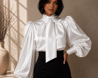 Elegant Satin Tie Neck Blouse, High Collar Shirt, Balloon Sleeve Top, Women's Formal Blouse, Handmade Couture Blouse