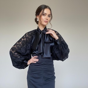 Black Satin Blouse with Dramatic Lace Puff Sleeves and Bow Neck