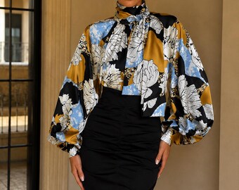 Floral Satin Blouse, High Neck Satin Blouse, Detachable Bow Blouse, Bishop Sleeve Top, Elegant Satin Shirt