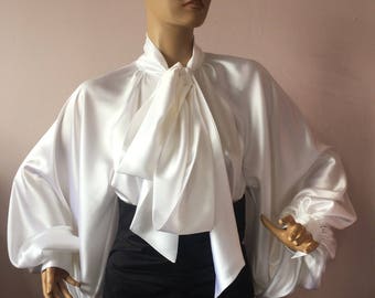 Satin bow blouse, Formal womens satin blouse/ White cocktail satin blouse, Elegant women's blouse, Satin Bow Shirt