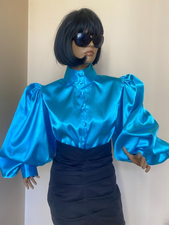 Satin Formal Blouse Shirt With High Victorian Collar and Puffy