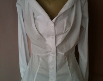 Cotton Cowl Neck Shirt/Womens white blouse/Long sleeve cotton blouse/Casual blouse