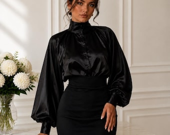 Black Satin High Neck Blouse, Elegant Bishop Sleeve Top, Victorian Gothic Shirt, Formal Evening Blouse, Statement Puff Sleeve Top