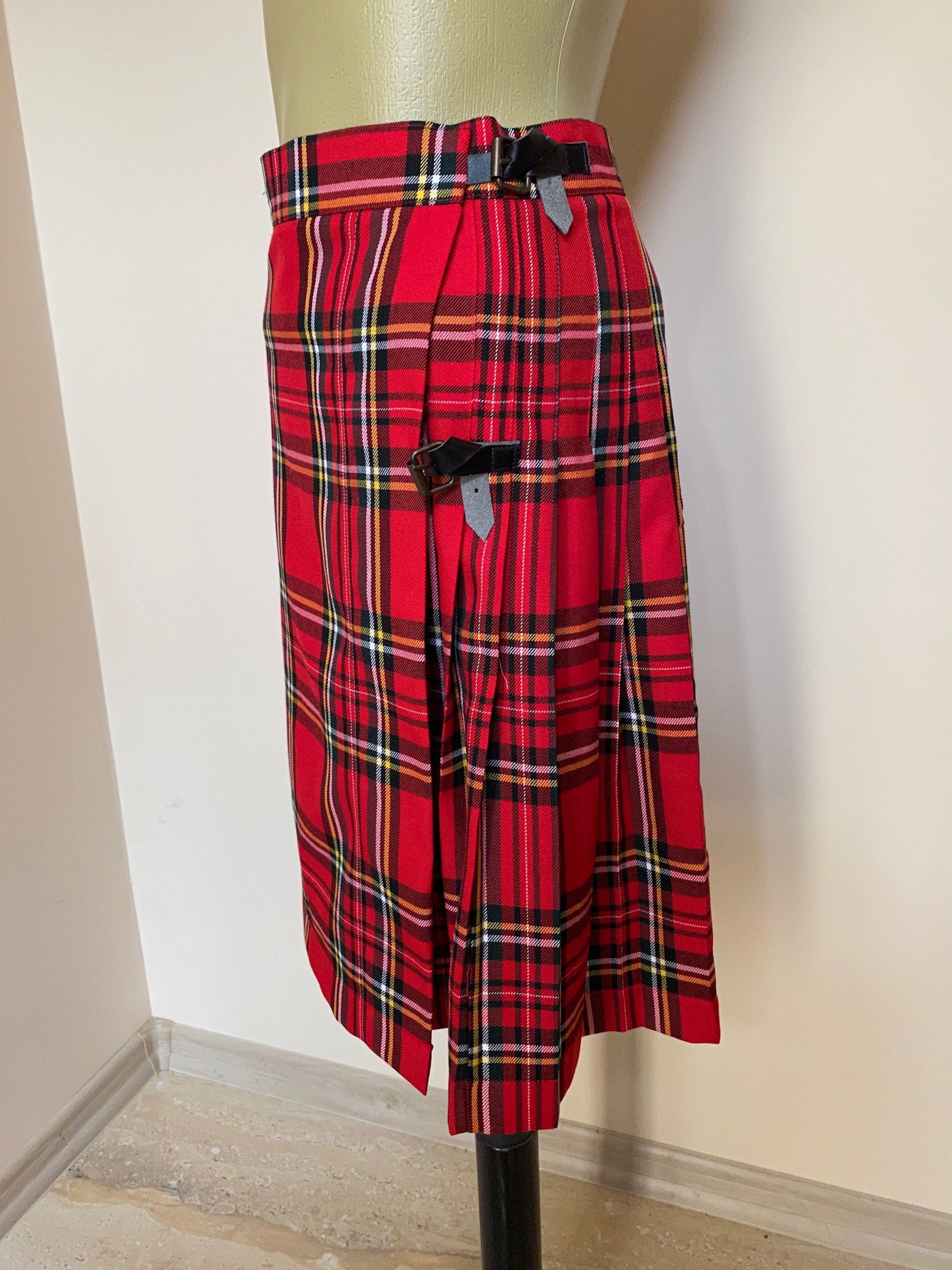 Red Royal Stewart Tartan Skirt Tartan Plaid Pleated Wrap Knee Length 