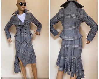 Grey, Gray plaid suit,  Wool Tartan tailored suit, Tweed checked suit blazer, Womens plaid coat, Scottish  tartan plaid blazer