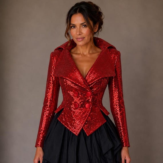 short dress jacket ladies Red Sequin Jacket, Womens Luxury Iridescent Sequined Fitted Formal Jacket, Wedding Jacket, Sparkle Sequin Jacket, Valentine Day Color Name:IVORY MULTI