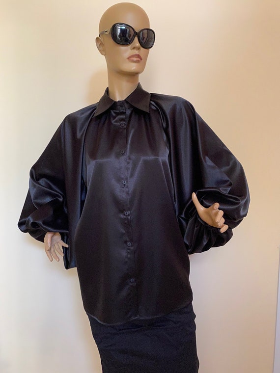 Chemisier en soie noir Formel femme Chemisier cocktail en satin Chemisier en satin Chemise Chemisier a manches bouffantes en satin pour femmes Chemisier a manches Bishop Etsy France