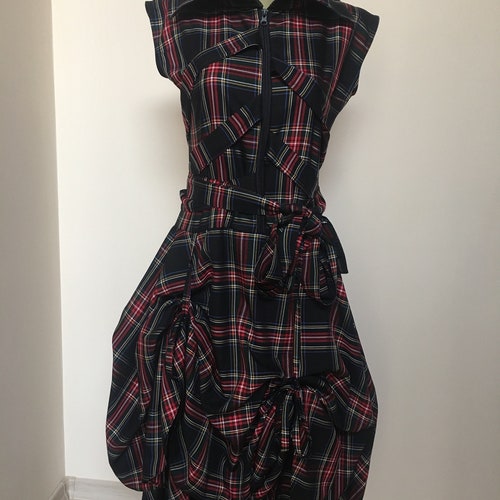 White Plaid Tartan shops Steampunk dress, Burlesque Dress, Vivienne Westwood style dress,Grunge White dress, Asymmetrical Hitched Party Dress