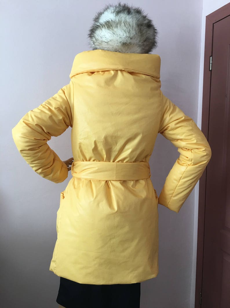 Womens yellow square down coat, Womens winter jacket, Puffer atmosphere down overcoat yellow, Quilted down coat image 4