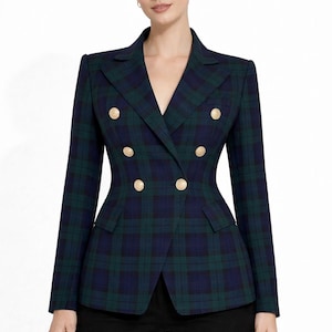 Women's scottish tartan Fitted Double Breasted Jacket with Lion Buttons, Plaid blazer