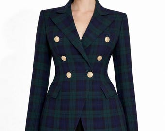Women's scottish tartan Fitted Double Breasted Jacket with Lion Buttons, Plaid blazer