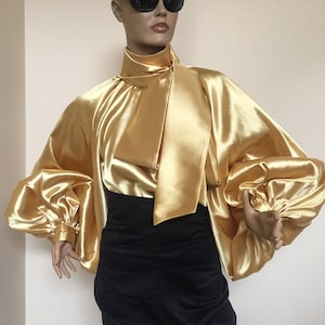 Formal Womens Satin Bow Blouse, Gold Cocktail Satin Blouse/victorian ...