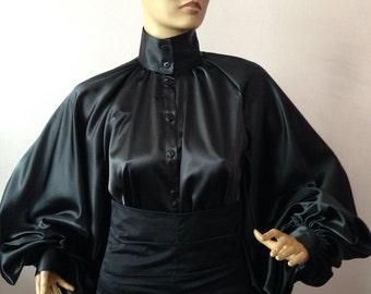 Formal Womens silk blouse/ Black cocktail satin blouse/Victorian collar Blouse, Shirt