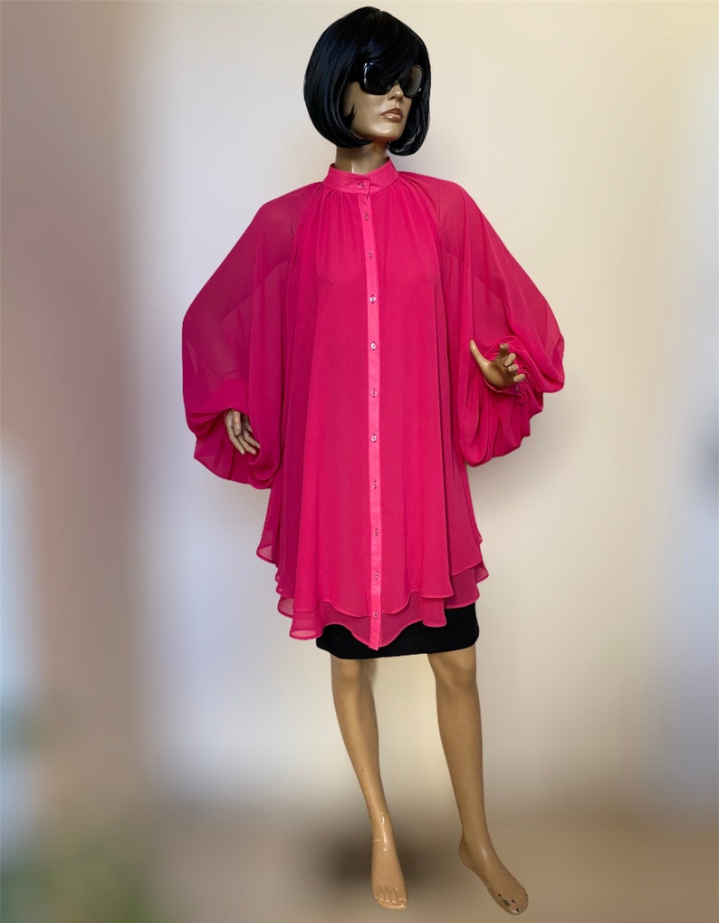 A line dress tunic Summer dress Plus size top Shift dress Fuchsia formal chiffon dress tunic with puffy sleeves