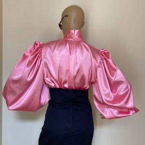 Formal pink Satin Blouse with Victorian Collar and Puffy sleeves image 4
