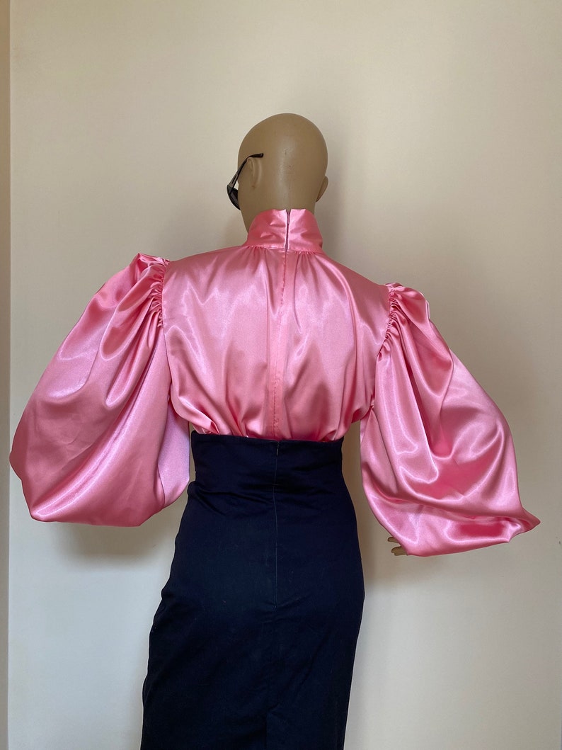 Formal pink Satin Blouse with Victorian Collar and Puffy sleeves image 4