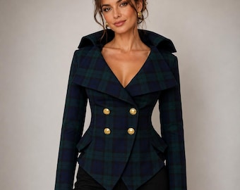 Black Watch Tartan Blazer, Fitted Plaid Jacket, Victorian Tailored Blazer, Double Breasted Women’s Jacket