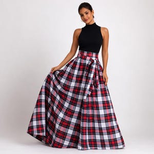 Falda larga a cuadros, falda larga de tartán para mujer, falda de tartán de talle alto, elegante falda a cuadros de corte A, falda de tartán con bolsillos